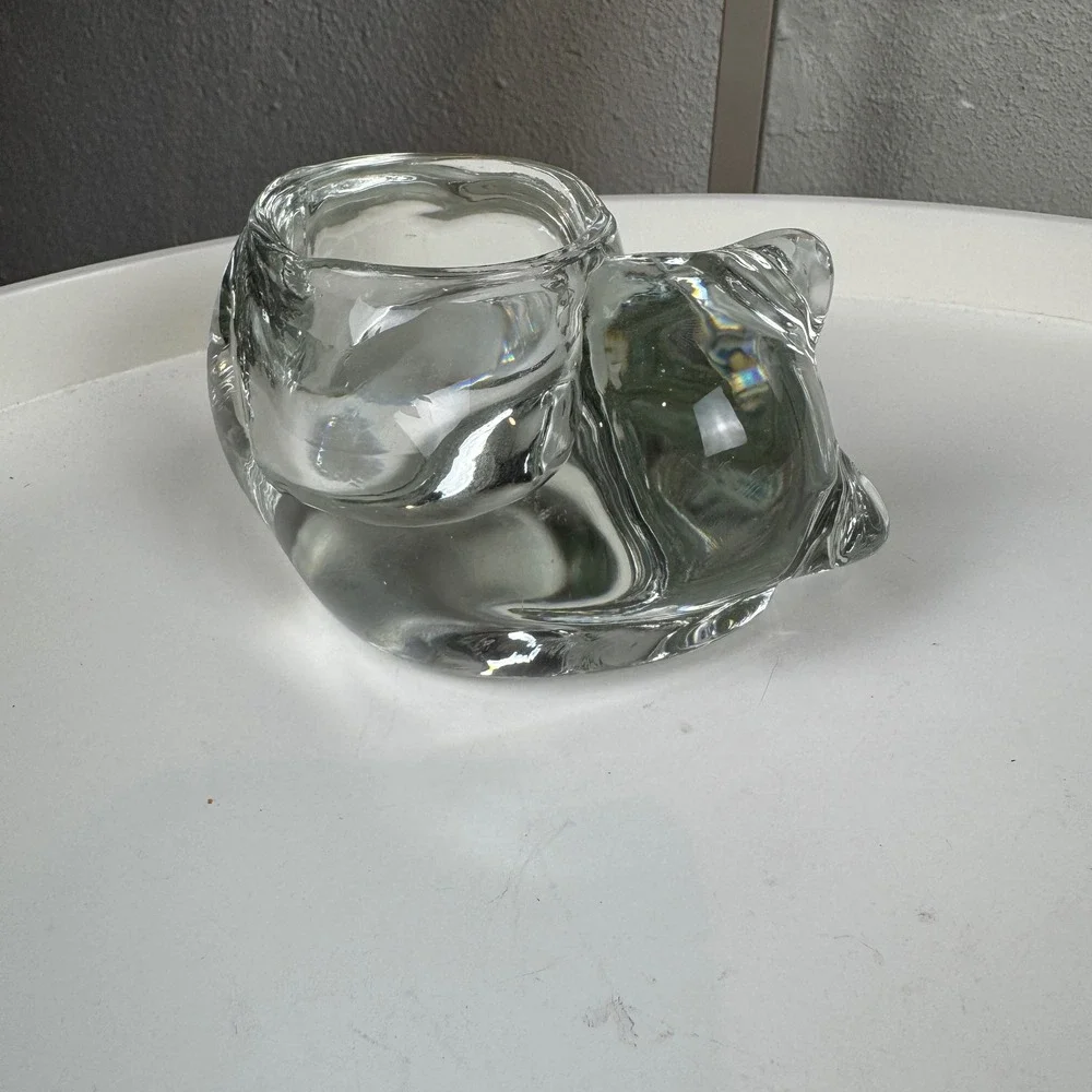 Cottagecore Cozy Vintage Indiana Glass Clear Sleepy Cat Votive Candle Holder